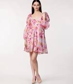 Pink flower print organza western dress