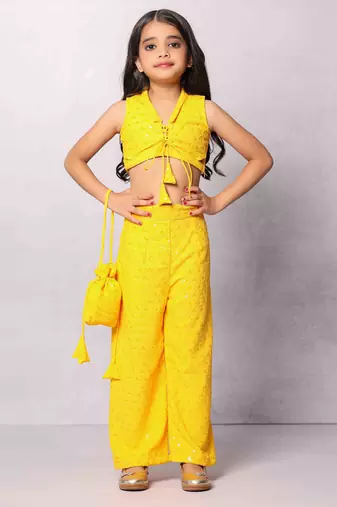 Yellow Rayon Chikankari Two-Piece Set with Potli Bag (Set of 3)