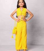Yellow Rayon Chikankari Two-Piece Set with Potli Bag (Set of 3)