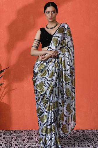 Off white digital printed chinon saree 