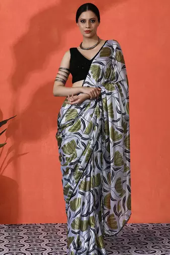 Off white digital printed chinon saree 