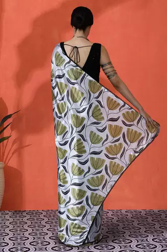 Off white digital printed chinon saree 