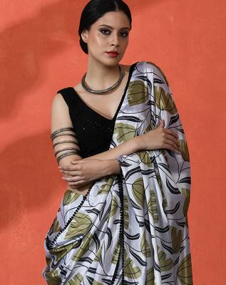 Off white digital printed chinon saree  3