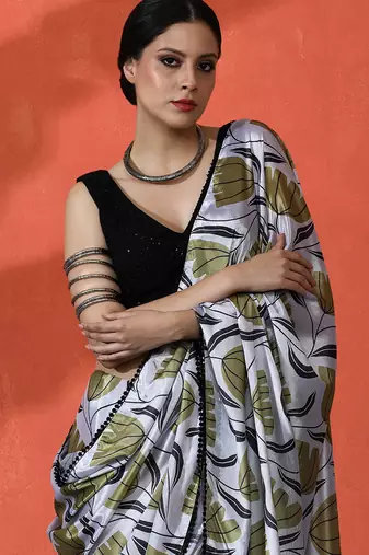 Off white digital printed chinon saree 