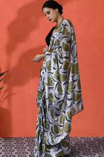 Off white digital printed chinon saree 