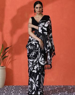 Black chinon saree with digital print ceremonial wear 1