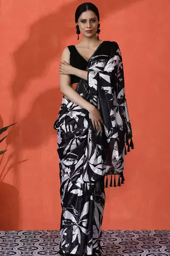 Black color chinon fabric saree with beautiful digital print for ceremonial wear
