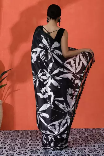 Black chinon saree with digital print ceremonial wear