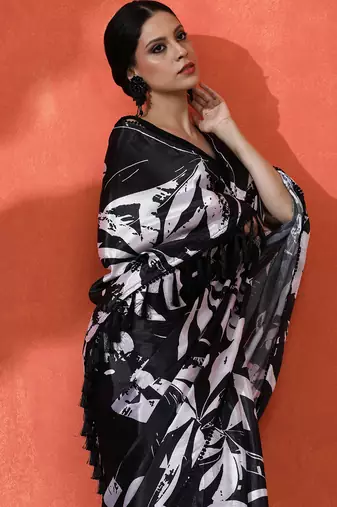 Black chinon saree with digital print ceremonial wear