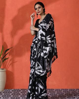 Black chinon saree with digital print ceremonial wear 4