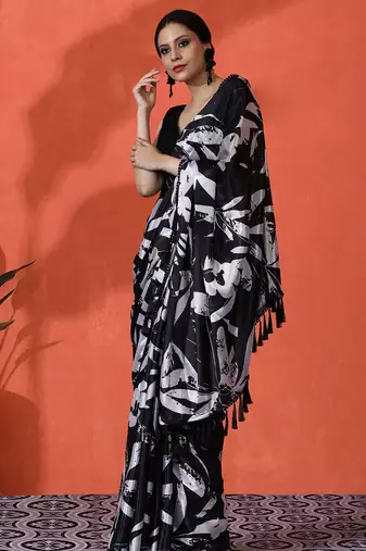 Black chinon saree with digital print ceremonial wear