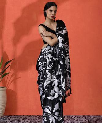 Black chinon saree with digital print ceremonial wear 5