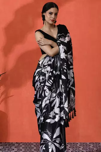 Black chinon saree with digital print ceremonial wear