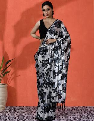 Black chinon saree with digital print ceremonial wear 1