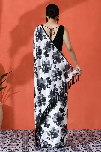 Black chinon saree with digital print ceremonial wear