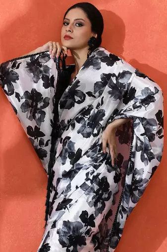 Black chinon saree with digital print ceremonial wear