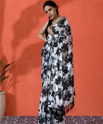 Black chinon saree with digital print ceremonial wear 4