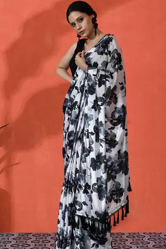 Black chinon saree with digital print ceremonial wear