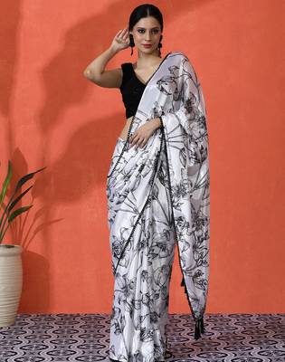 Off white chinon saree with digital print ceremonial wear 1