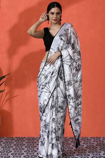 Off white color chinon fabric saree with beautiful digital print for ceremonial wear