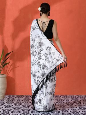 Off white chinon saree with digital print ceremonial wear 2