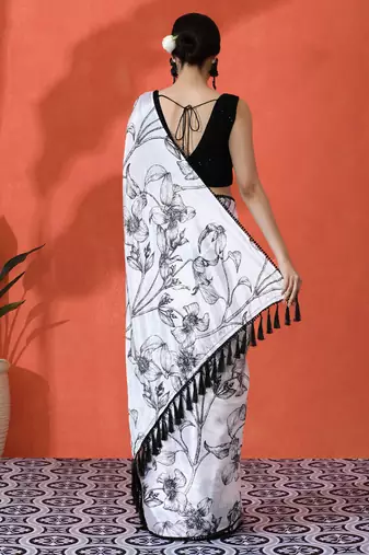 Off white chinon saree with digital print ceremonial wear