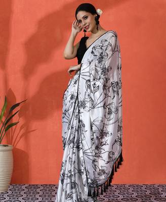 Off white chinon saree with digital print ceremonial wear 4