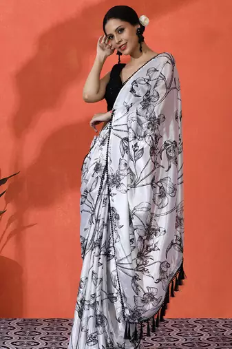 Off white chinon saree with digital print ceremonial wear