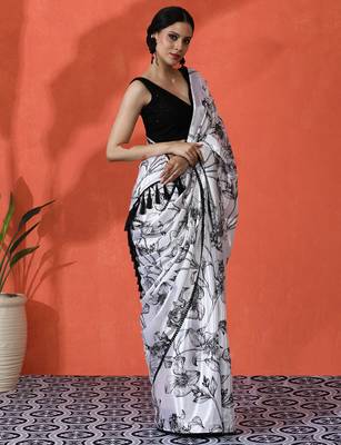 Off white chinon saree with digital print ceremonial wear 5