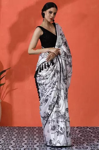 Off white chinon saree with digital print ceremonial wear