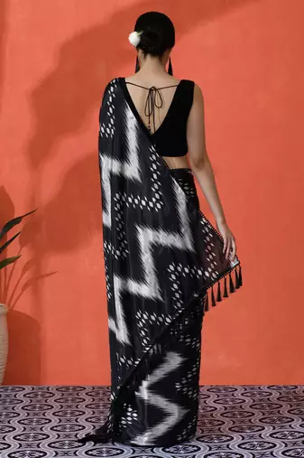 Black chinon saree with digital print ceremonial wear