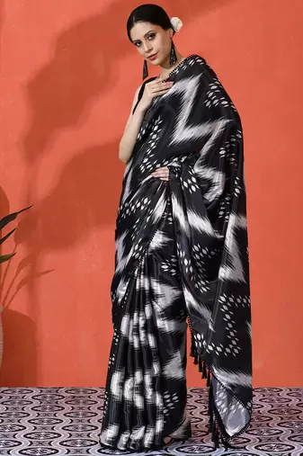 Black chinon saree with digital print ceremonial wear