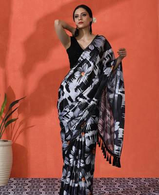 Black chinon saree with digital print ceremonial wear 1
