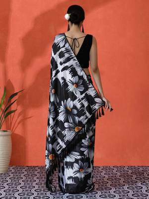 Black chinon saree with digital print ceremonial wear 2