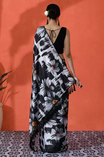 Black chinon saree with digital print ceremonial wear