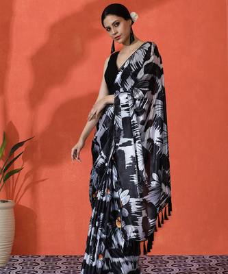Black chinon saree with digital print ceremonial wear 4