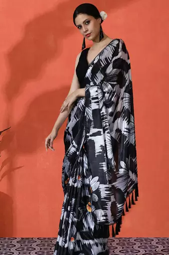 Black chinon saree with digital print ceremonial wear