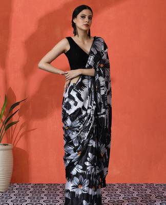 Black chinon saree with digital print ceremonial wear 5