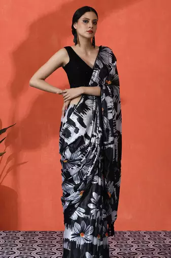 Black chinon saree with digital print ceremonial wear