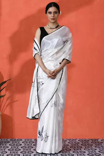Off white color chinon fabric saree with beautiful digital print for ceremonial wear