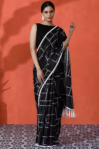 Black color chinon fabric saree with beautiful digital print for ceremonial wear