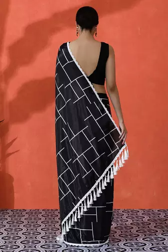 Black chinon saree with digital print ceremonial wear
