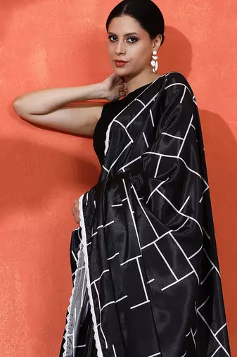 Black chinon saree with digital print ceremonial wear