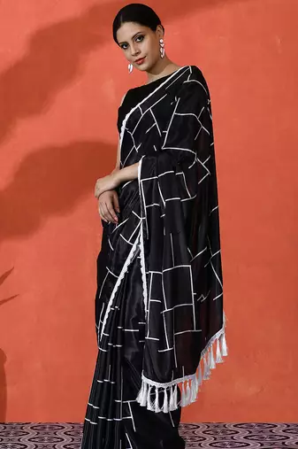 Black chinon saree with digital print ceremonial wear