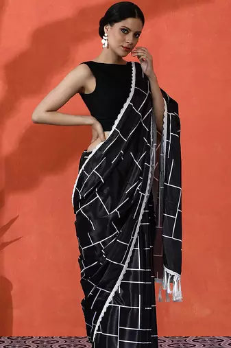 Black chinon saree with digital print ceremonial wear