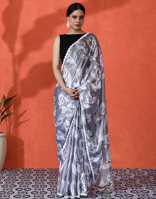Grey chinon saree with digital print ceremonial wear 1
