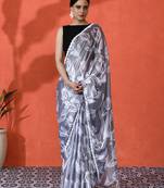 Grey color chinon fabric saree with beautiful digital print for ceremonial wear