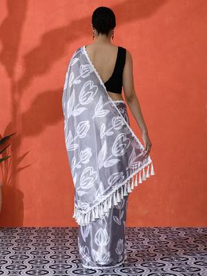 Grey chinon saree with digital print ceremonial wear 2