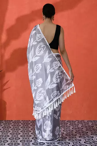 Grey chinon saree with digital print ceremonial wear