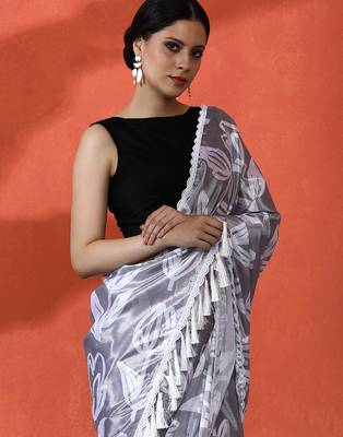 Grey chinon saree with digital print ceremonial wear 3